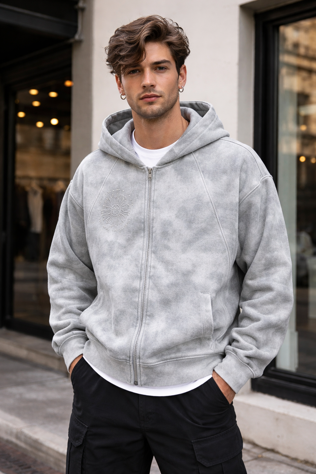 Dirty Washed Zip-Up Fleece Hoodie